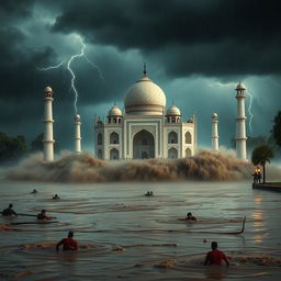 A cinematic and realistic depiction of a massive flood engulfing the Taj Mahal