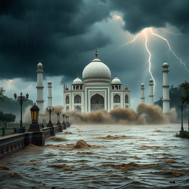 A cinematic and realistic depiction of a massive flood engulfing the Taj Mahal