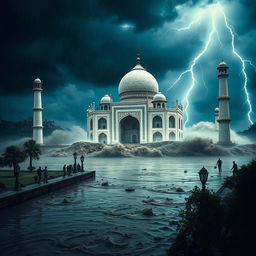 A cinematic and realistic depiction of a massive flood engulfing the Taj Mahal