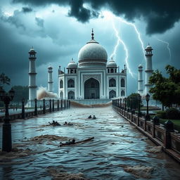 A cinematic and realistic depiction of a massive flood engulfing the Taj Mahal