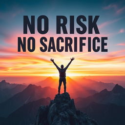 A powerful motivational poster featuring the phrase "NO RISK NO GLORY NO SACRIFICE NO STORY" in bold typography