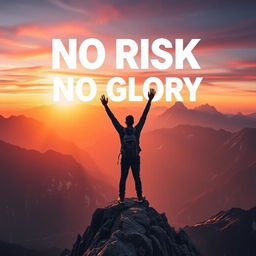 A powerful motivational poster featuring the phrase "NO RISK NO GLORY NO SACRIFICE NO STORY" in bold typography