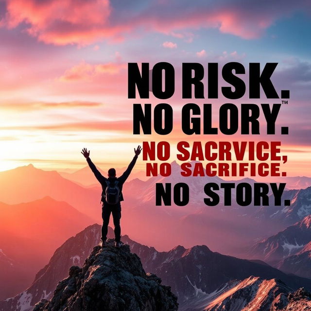 A powerful motivational poster featuring the phrase "NO RISK NO GLORY NO SACRIFICE NO STORY" in bold typography