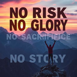 A powerful motivational poster featuring the phrase "NO RISK NO GLORY NO SACRIFICE NO STORY" in bold typography
