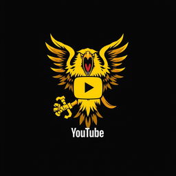 A fierce yellow eagle with its beak wide open in a powerful and terrifying manner, gripping a symbol of strength depicted as two triangles in its talon
