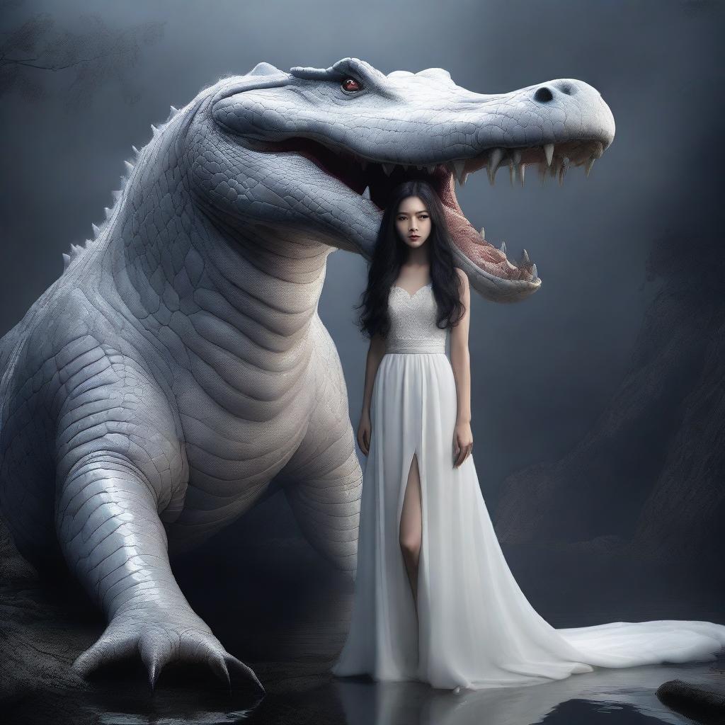 A hyper-realistic image depicts an incredibly beautiful Korean woman with long hair, dressed in a white gown, standing next to a rampaging giant white crocodile, all set in a foggy, dark environment