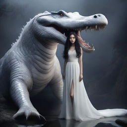 A hyper-realistic image depicts an incredibly beautiful Korean woman with long hair, dressed in a white gown, standing next to a rampaging giant white crocodile, all set in a foggy, dark environment