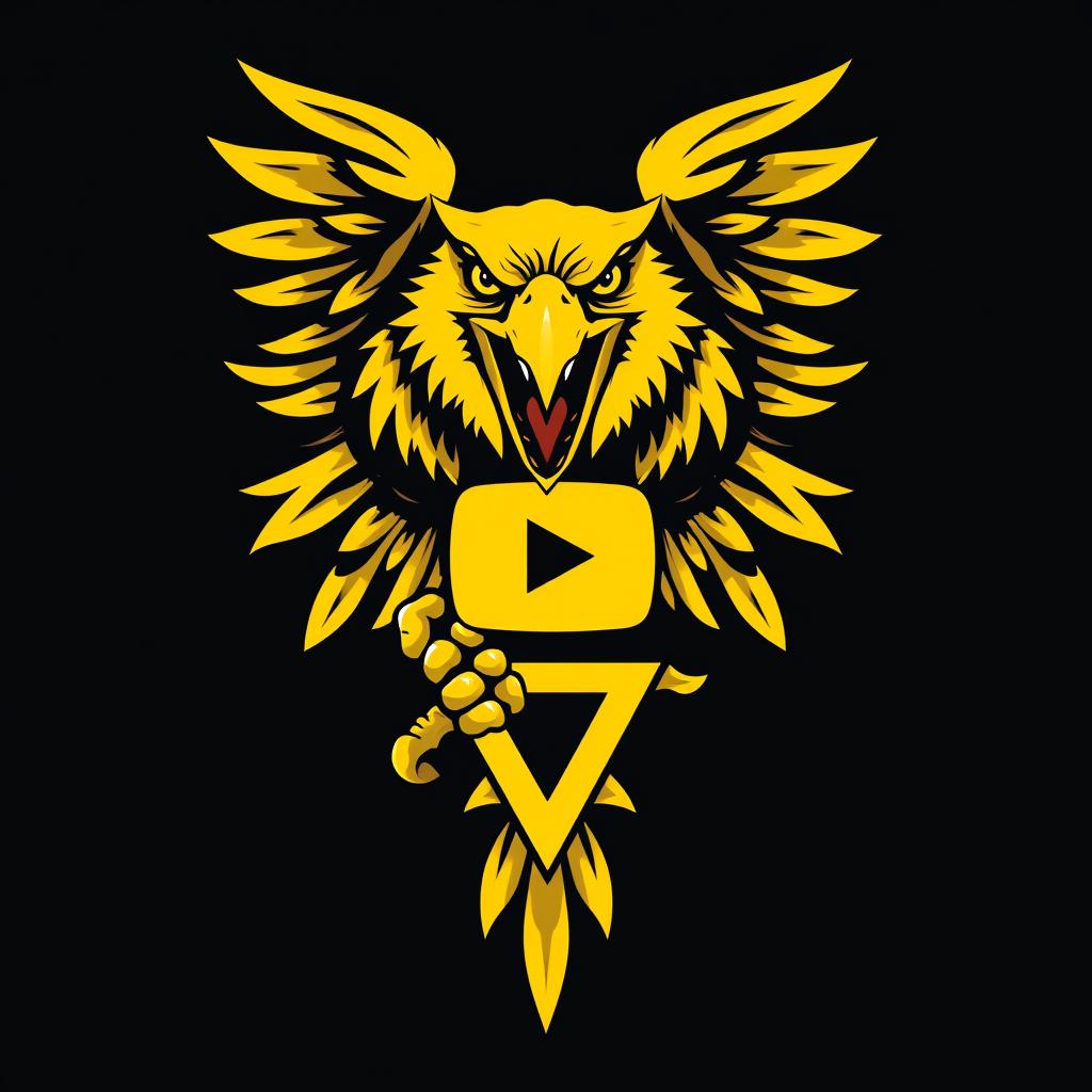 A fierce yellow eagle with its beak wide open in a powerful and terrifying manner, gripping a symbol of strength depicted as two triangles in its talon