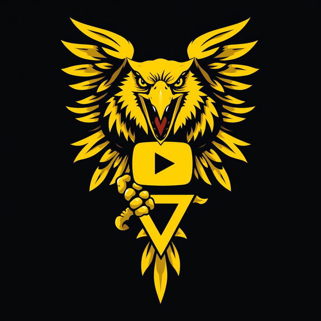 A fierce yellow eagle with its beak wide open in a powerful and terrifying manner, gripping a symbol of strength depicted as two triangles in its talon