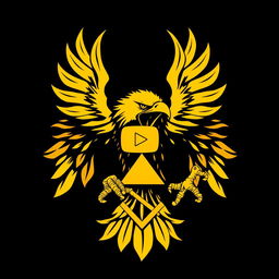 A fierce yellow eagle with its beak wide open in a powerful and terrifying manner, gripping a symbol of strength depicted as two triangles in its talon