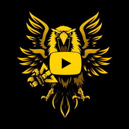 A fierce yellow eagle with its beak wide open in a powerful and terrifying manner, gripping a symbol of strength depicted as two triangles in its talon