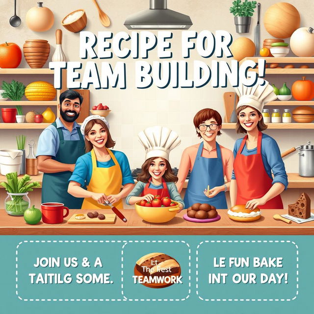 A realistic and vibrant flyer titled 'Recipe for Team Building!' designed to grab attention with a lively and engaging kitchen setting