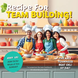 A realistic and vibrant flyer titled 'Recipe for Team Building!' designed to grab attention with a lively and engaging kitchen setting