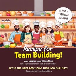 A realistic and vibrant flyer titled 'Recipe for Team Building!' designed to grab attention with a lively and engaging kitchen setting