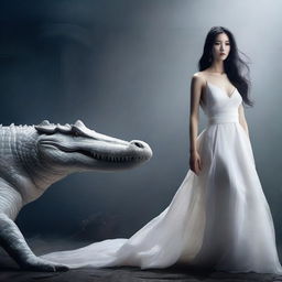 A hyper-realistic image depicts an incredibly beautiful Korean woman with long hair, dressed in a white gown, standing next to a rampaging giant white crocodile, all set in a foggy, dark environment