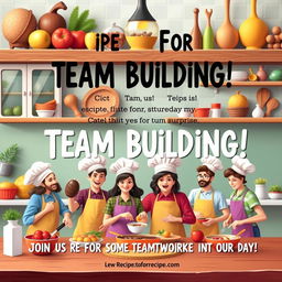 A realistic and vibrant flyer titled 'Recipe for Team Building!' designed to grab attention with a lively and engaging kitchen setting