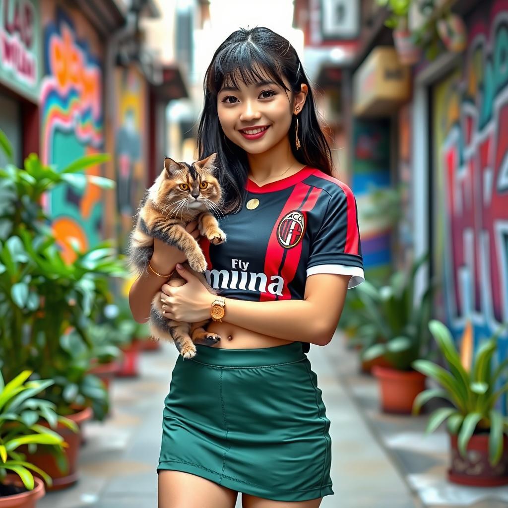 A stylish Asian girl with a blend of Indonesian and Japanese heritage, wearing a cheerful mini short skirt and an AC Milan crop top jersey, confidently showcasing her belly button piercing