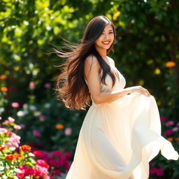 A stunning woman with long, flowing dark hair, wearing an elegant, flowing dress that dances around her as she walks
