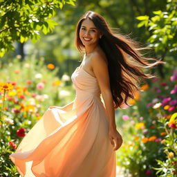 A stunning woman with long, flowing dark hair, wearing an elegant, flowing dress that dances around her as she walks
