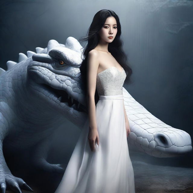 A hyper-realistic image depicts an incredibly beautiful Korean woman with long hair, dressed in a white gown, standing next to a rampaging giant white crocodile, all set in a foggy, dark environment