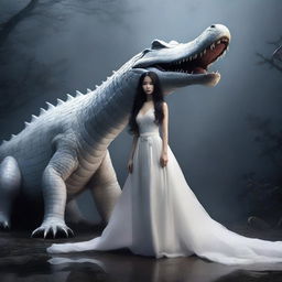 A hyper-realistic image depicts an incredibly beautiful Korean woman with long hair, dressed in a white gown, standing next to a rampaging giant white crocodile, all set in a foggy, dark environment