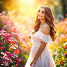 A beautiful woman standing in a vibrant outdoor garden filled with blooming flowers, wearing a flowy summer dress that billows gently in the breeze