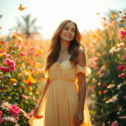 A beautiful woman standing in a vibrant outdoor garden filled with blooming flowers, wearing a flowy summer dress that billows gently in the breeze