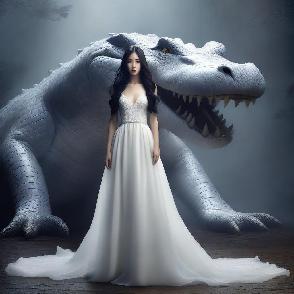 A hyper-realistic image portrays an incredibly beautiful Korean woman with long hair, dressed in a white gown, standing in front of a rampaging giant white crocodile, all set in a foggy, dark environment