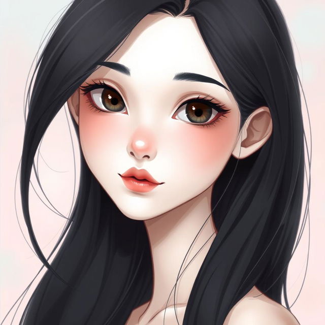 A portrait of a slender white girl with a curved nose and thin lips, featuring long black hair gracefully flowing around her shoulders