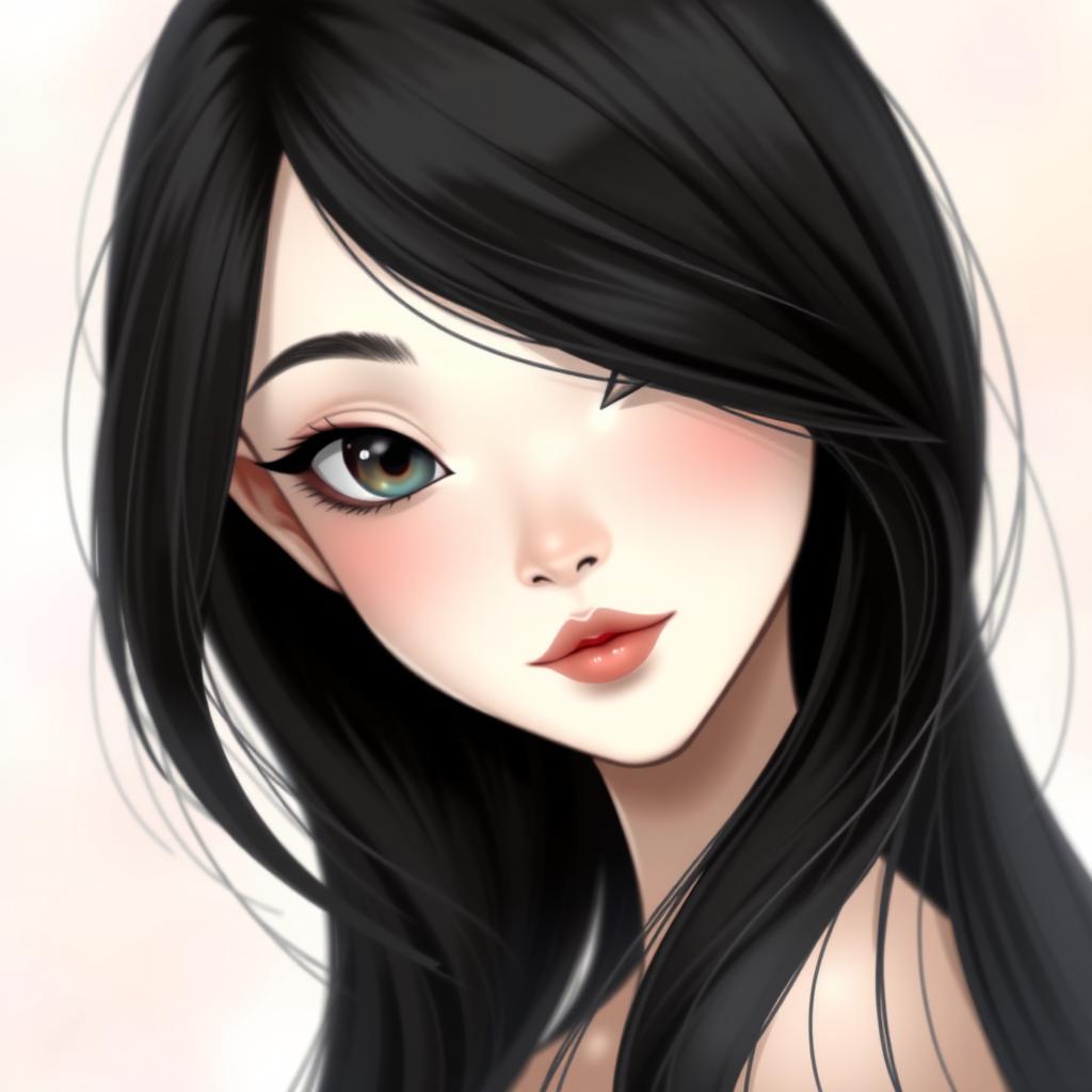 A portrait of a slender white girl with a curved nose and thin lips, featuring long black hair gracefully flowing around her shoulders