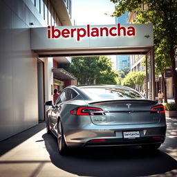 A sleek, modern Tesla car exiting a workshop named 'Iberplancha'