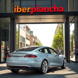 A sleek, modern Tesla car exiting a workshop named 'Iberplancha'