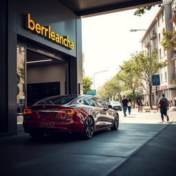 A sleek, modern Tesla car exiting a workshop named 'Iberplancha'