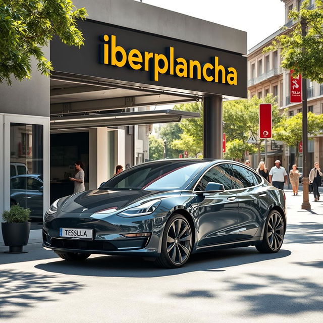 A sleek, modern Tesla car exiting a workshop named 'Iberplancha'