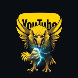 A fierce, light yellow eagle with a powerful and terrifying beak, gripping a symbol of strength, lightning, with the yellow YouTube logo in the background