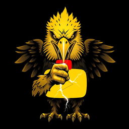 A fierce, light yellow eagle with a powerful and terrifying beak, gripping a symbol of strength, lightning, with the yellow YouTube logo in the background