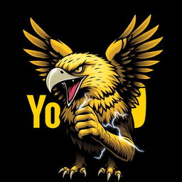 A fierce, light yellow eagle with a powerful and terrifying beak, gripping a symbol of strength, lightning, with the yellow YouTube logo in the background