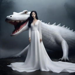 A hyper-realistic image portrays an incredibly beautiful Korean woman with long hair, dressed in a white gown, standing in front of a rampaging giant white crocodile, all set in a foggy, dark environment