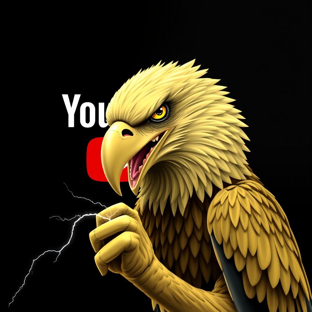 A fierce, light yellow eagle with a powerful and terrifying beak, gripping a symbol of strength, lightning, with the yellow YouTube logo in the background