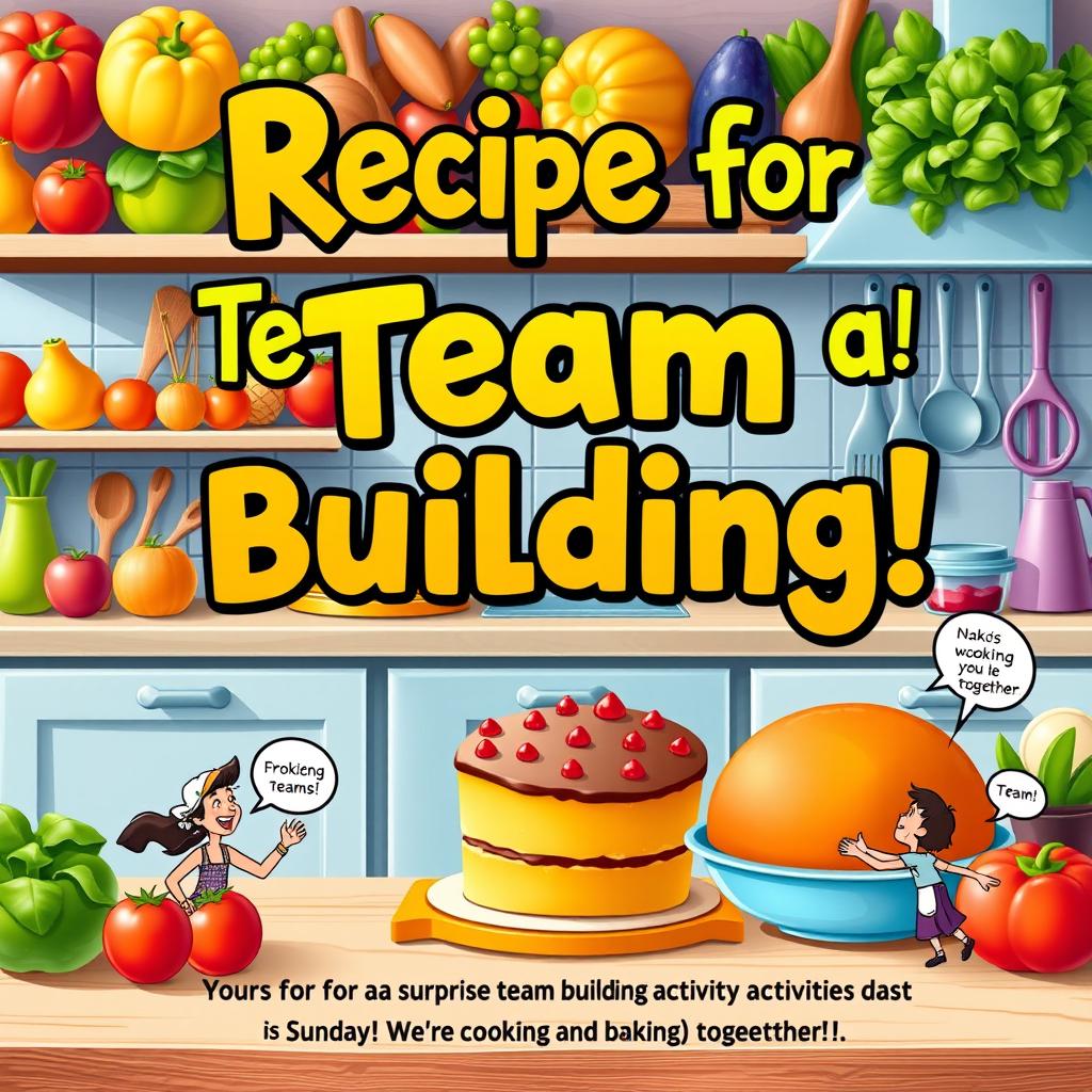 A vibrant and realistic flyer design featuring the title 'Recipe for Team Building!' in bold, playful typography