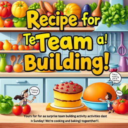 A vibrant and realistic flyer design featuring the title 'Recipe for Team Building!' in bold, playful typography