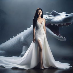 A hyper-realistic image portrays an incredibly beautiful Korean woman with long hair, dressed in a white gown, standing in front of a rampaging giant white crocodile, all set in a foggy, dark environment