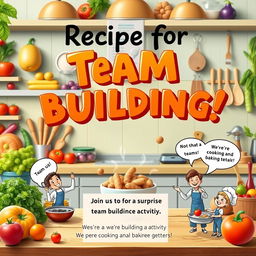A vibrant and realistic flyer design featuring the title 'Recipe for Team Building!' in bold, playful typography