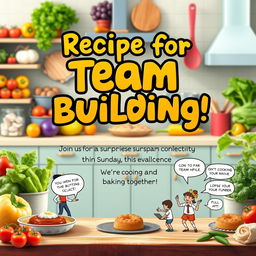 A vibrant and realistic flyer design featuring the title 'Recipe for Team Building!' in bold, playful typography