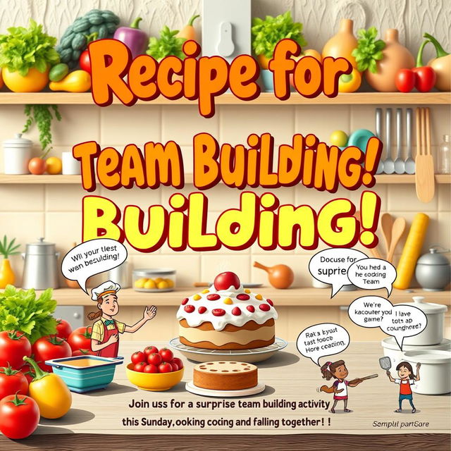 A vibrant and realistic flyer design featuring the title 'Recipe for Team Building!' in bold, playful typography