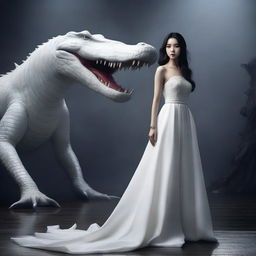 A hyper-realistic image portrays an incredibly beautiful Korean woman with long hair, dressed in a white gown, standing in front of a rampaging giant white crocodile, all set in a foggy, dark environment