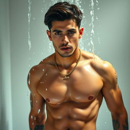 A full-length image of a Puerto Rican male model with short, wavy brown hair and brown eyes