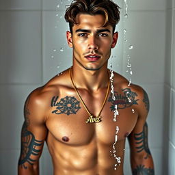 A full-length image of a Puerto Rican male model with short, wavy brown hair and brown eyes