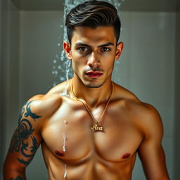 A full-length image of a Puerto Rican male model with short, wavy brown hair and brown eyes