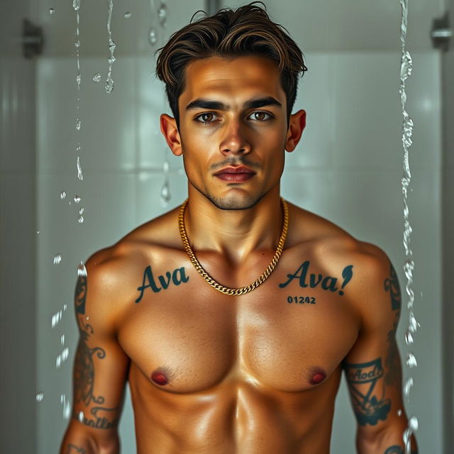 A full-length image of a Puerto Rican male model with short, wavy brown hair and brown eyes